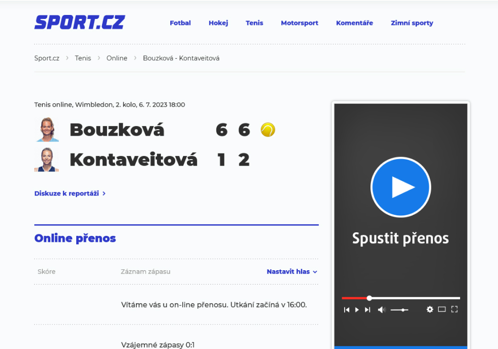 Online přenos tenisového zápasu
